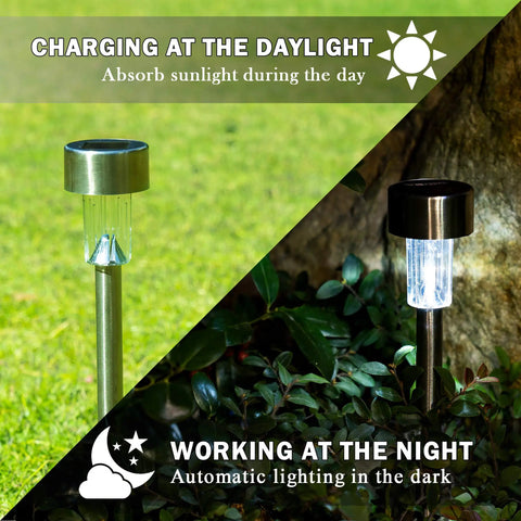 Outdoor Solar Lights 16 Pack Stainless Steel Waterproof Landscape Pathway Garden Lights, day and night views