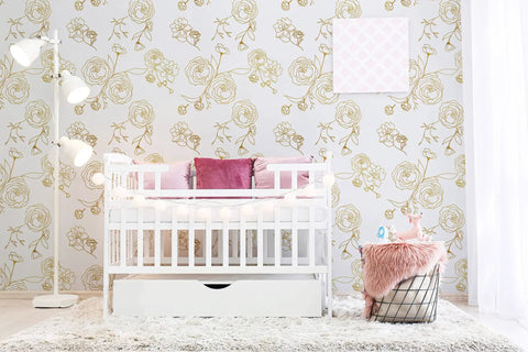 Gold And White Floral Peel And Stick Wallpaper Self Adhesive Removable Covering For Bedroom 393x17.3 Inches Vinyl Roll behind crib