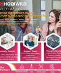 People wearing safety glasses with fortune 500 product quality assurance and business services in focus.
