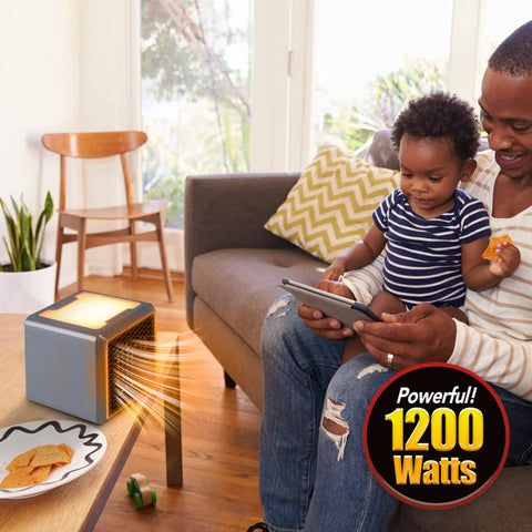 Kick Chilly To The Curb With This Compact Ceramic Space Heater, Plug Straight In At Any Wall Outlet To Blast Serious Turbo Warmth For Cozy Rooms And Offices, Keeps You Snug During Freezing Weather with a parent and child in a cozy living room.