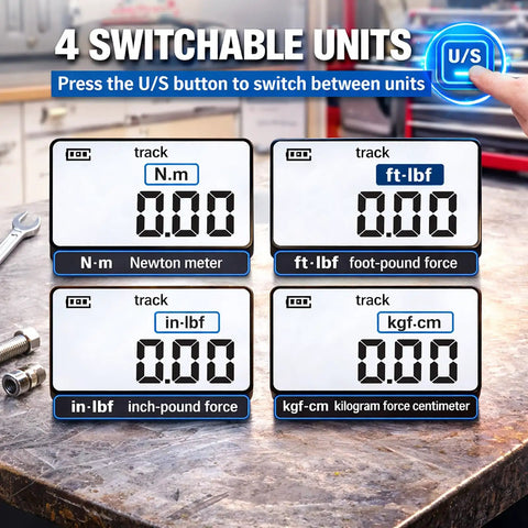 Digital Torque Wrench Adapter Kit With 4-135Nm Range And Electronic Display showing four switchable unit options on screen