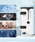 100x To 250x Portable Pocket Microscope For Kids And Adults Handheld Mini Microscope Kit with clear magnified views of cell structures, diamonds, coins, and textiles in white.