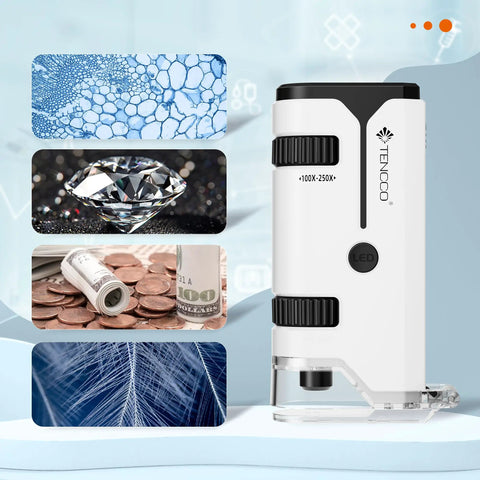 100x To 250x Portable Pocket Microscope For Kids And Adults Handheld Mini Microscope Kit with clear magnified views of cell structures, diamonds, coins, and textiles in white.