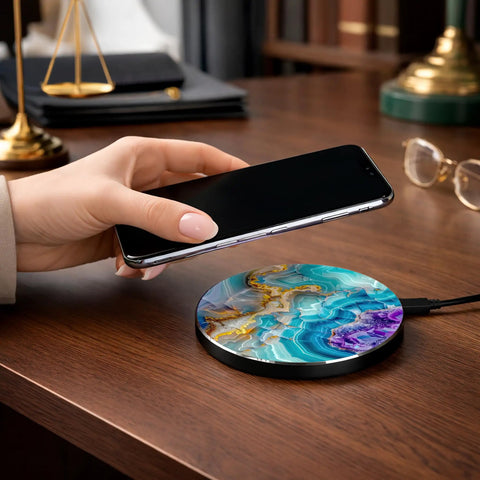 Blue Agate Marble Wireless Charger 15W Fast Wireless Charging For iPhone And Android Premium Office Desk Accessory