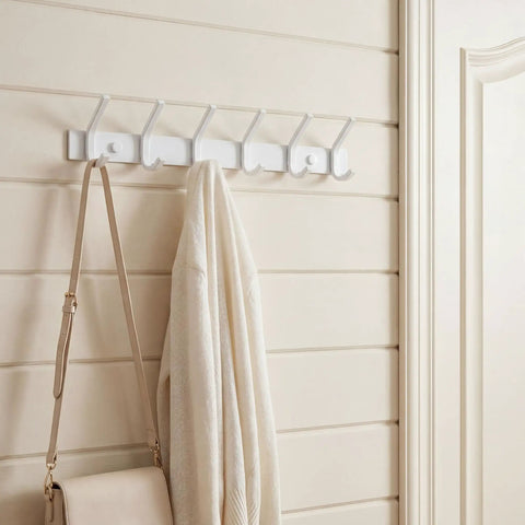 Wall Mounted Coat Rack With Six Heavy Duty Hooks, White Coat Hanger Wall Rack For Coats Jackets Hats And More, shown mounted on wall