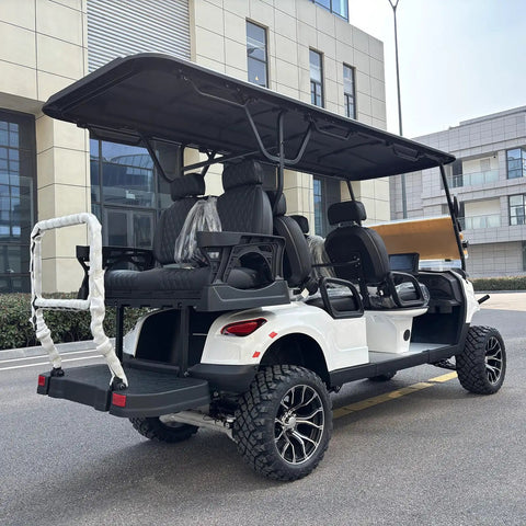 Six Seater Electric Leisure Cart With Premium Upholstered Interior And Beefy All Terrain Tires For Smooth Golf Course Cruising, side angle view.
