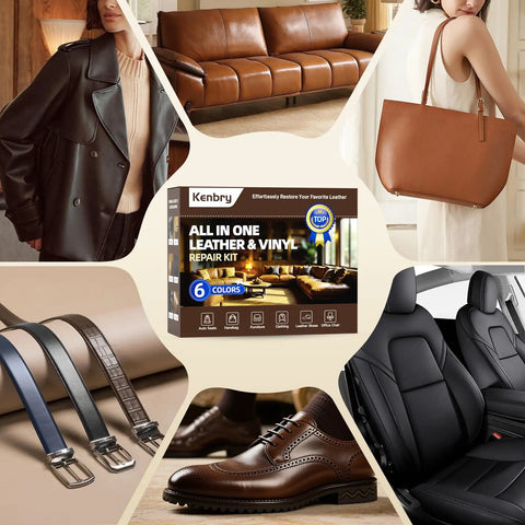 No Sweat Leather And Vinyl Repair Kit for Car Seats Couches and Furniture showcased with various leather items.