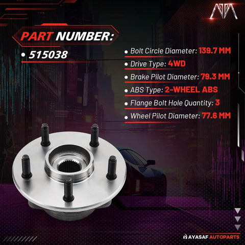 Front Wheel Hub And Bearing Assembly For Dodge Ram 1500 2000 2001 Fits 4x4 4WD And 2 Wheel ABS Models Two Pack Premium Replacement With Induction Hardened Raceway For OE Like Performance visible with part specifications.