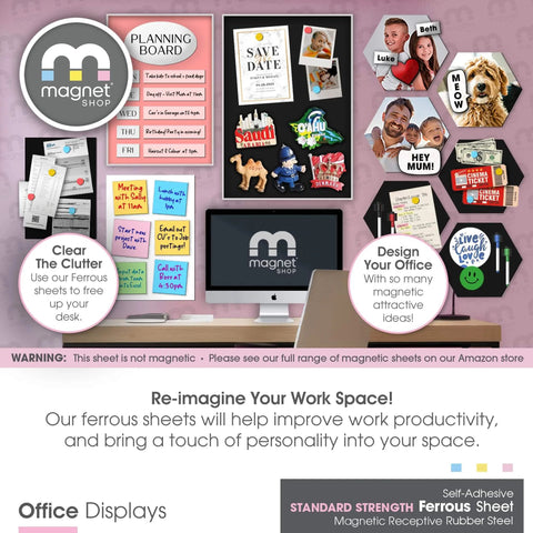 Magnet Receptive Sheets with Adhesive Backing for Crafting and Magnetic Miniatures Storage, 5 Pack, displayed on office wall