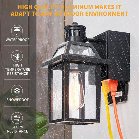 Outdoor Porch Lights With Built In GFCI Outlets No Brainer Easy Plug In Dusk To Dawn Motion Sensor 3 Lighting Modes