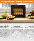 Top Tier Food Dehydrator With Seven Sturdy Stainless Steel Trays And No Sweat One To Twenty Four Hour Timer For Smooth Quiet Jerky Fruit Veggie Herb Treat Drying placed on a kitchen counter with fruits.