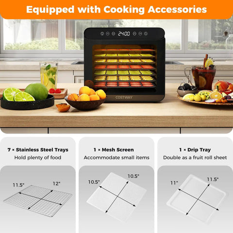 Top Tier Food Dehydrator With Seven Sturdy Stainless Steel Trays And No Sweat One To Twenty Four Hour Timer For Smooth Quiet Jerky Fruit Veggie Herb Treat Drying placed on a kitchen counter with fruits.