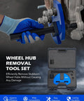 Front view of Orion Motor Tech wheel hub removal tool kit; blue puller and carrying case for 5/6/8-lug hubs