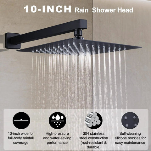 Matte Black Shower Faucet Set With Rain Shower Head And Handle, Wall Mounted Shower Trim Kit With 10-Inch Square Rain Head in action