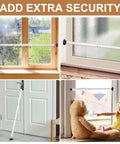 Collage of Sliding Glass Door Security Bar, Patio Door Barricade Security Bar, and Door Jammer in use on doors and windows.