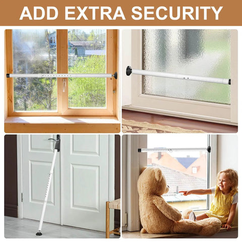 Collage of Sliding Glass Door Security Bar, Patio Door Barricade Security Bar, and Door Jammer in use on doors and windows.