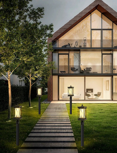 Image of pathway lit by No Brainer Outdoor Post Lantern With PIR Motion Sensor And Dusk To Dawn Sensor Black Aluminum Pillar Light With Crackle Glass