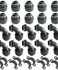 Half Inch Conduit Parts 30 Pack Black Dope All In One Extra Flexible PVC Liquid Tight Conduit Connector Kit with couplings, elbows, straps.