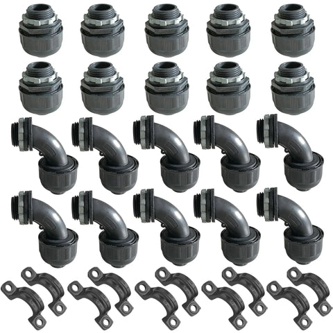 Half Inch Conduit Parts 30 Pack Black Dope All In One Extra Flexible PVC Liquid Tight Conduit Connector Kit with couplings, elbows, straps.