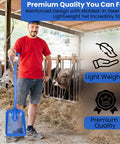Man holding Sand Dipper Treasure Shovel Digger Sifter For Beach Cleanup And Barn Chores, surrounded by cattle in barn.