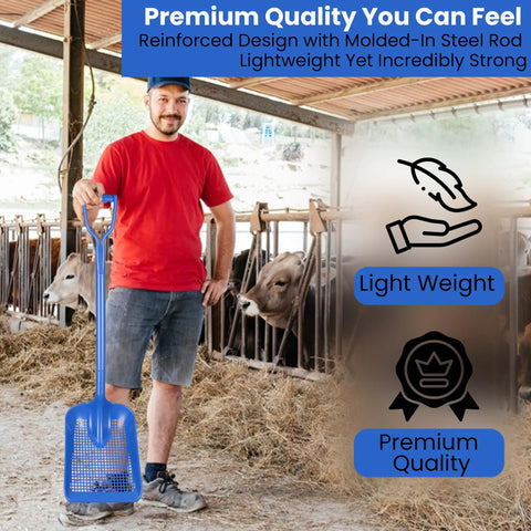 Man holding Sand Dipper Treasure Shovel Digger Sifter For Beach Cleanup And Barn Chores, surrounded by cattle in barn.