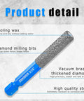 5-Piece Diamond Drill Bit Set For Tile And Stone, includes a close-up of a single diamond milling bit highlighting features.