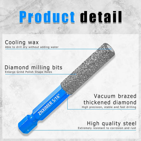 5-Piece Diamond Drill Bit Set For Tile And Stone, includes a close-up of a single diamond milling bit highlighting features.
