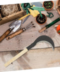 Beefy Hand Scythe with Long Handle for Easy Weeding in the Garden Manganese Steel Blade on rustic table with garden tools