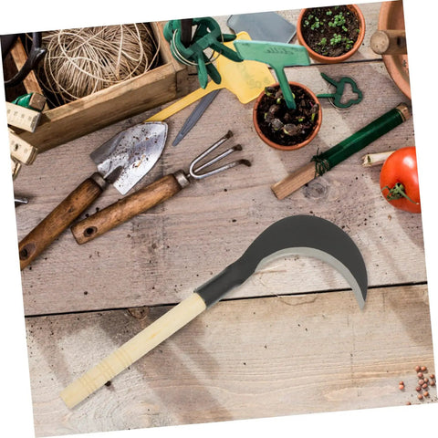 Beefy Hand Scythe with Long Handle for Easy Weeding in the Garden Manganese Steel Blade on rustic table with garden tools