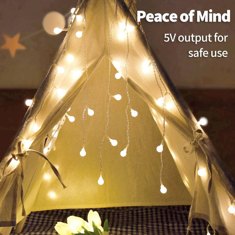 Fairy Curtain Lights USB Powered And Battery Operated 13ft 96 LED Globe Icicle String in tent with warm white light
