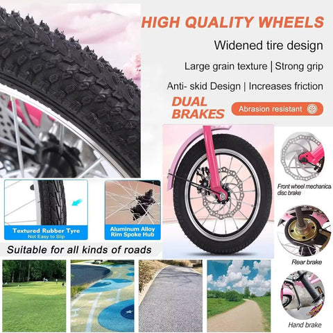 Close-up of Folding Cruiser Trike's spoke pneumatic wheel and dual brakes, highlighting large grain textured tire for kids aged 2 to 10.