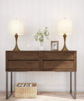 Set of 2 Mid Century Modern Table Lamps with Metal Flared Trumpet Bases in Bronze Finish, Includes Energy Efficient LED Bulbs and Drum Linen Shades