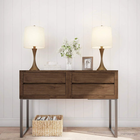Set of 2 Mid Century Modern Table Lamps with Metal Flared Trumpet Bases in Bronze Finish, Includes Energy Efficient LED Bulbs and Drum Linen Shades