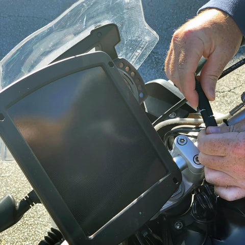 5 Watt 12V Solar Panel Battery Charger With Charge Controller IP67 Weatherproof mounted on motorcycle handlebar