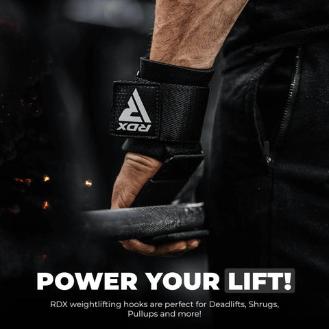 Weight Lifting Hooks For Deadlifts And Pull Ups, 600 Lb Capacity, 8mm Neoprene Wrist Wraps shown on wrist holding a barbell