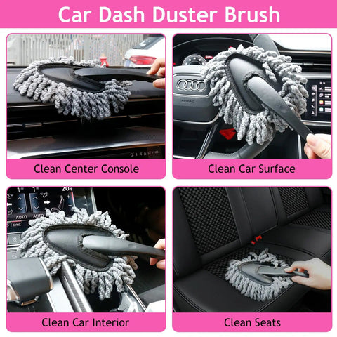 Pink Car Interior Detailing Kit duster brush cleaning dashboard, steering wheel, and seats