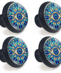 Boho Mandala Evil Eye Cabinet Knobs 4 Pack For Kitchen And Bathroom, Stained Glass Mosaic Design With Blue And Gold Accents