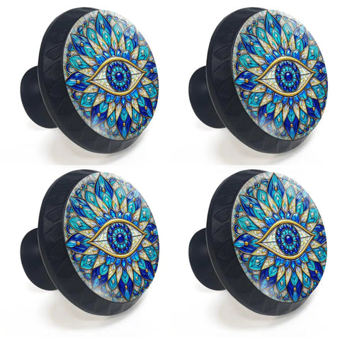Boho Mandala Evil Eye Cabinet Knobs 4 Pack For Kitchen And Bathroom, Stained Glass Mosaic Design With Blue And Gold Accents
