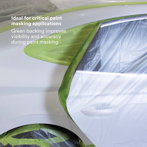 Car door masked with High Performance Green Masking Tape 401 Plus for clean paint lines, superior adhesion, 72 mm by 55 m.