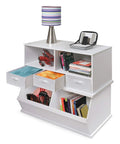 Front view of Two Bin Stackable Toy Storage Cubby Organizer For Kids Playroom A Solid Wood Panel Modular System in white with toys and books