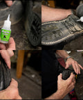 Applying No-Fuss Shoe Glue For Boots And Shoes - Professional Grade Repair Adhesive for leather shoe repair in workshop, 20g tube.