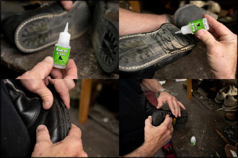 Applying No-Fuss Shoe Glue For Boots And Shoes - Professional Grade Repair Adhesive for leather shoe repair in workshop, 20g tube.