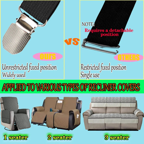 Premium Adjustable Elastic Strap Holders For Recliner Sofa Couch And Loveseat Slipcovers comparison chart for functionality.