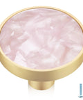 Close-up of Six Pack Pink Shell Cabinet Knobs Set, 1-1/4 Inch Round Dresser Pulls In Zinc Alloy With Brushed Brass Finish