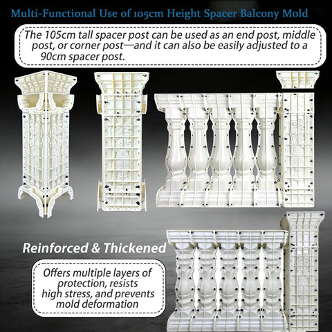 105Cm Balcony Spacer Column Molds For 90Cm Railing Styles Round Bottle Square Lotus Chrysanthemum, Heavy Duty Plastic Concrete Pillar Molds For Villas, Cast-In-Place Deck Railings, Pro Grade Quality, DIY Friendly And Easy To Use, showing multi-functional use in white plastic for balconies.