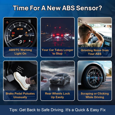 Rear ABS wheel speed sensor infographic with six warning signs of ABS issues.