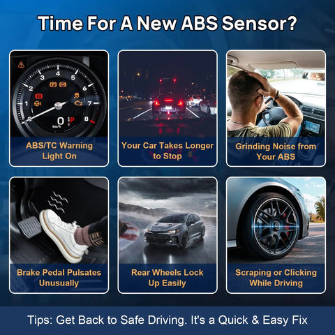 Visual indicators of ABS sensor issues for vehicles showing warning lights, grinding noises, and performance problems.