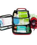 Be Smart Get Prepared 398pc emergency first aid kit in red/black zip case, opened with gauze pads, cold pack, mini kit