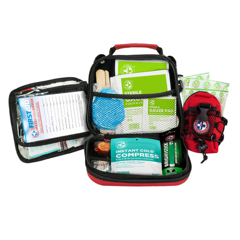 Be Smart Get Prepared 398pc emergency first aid kit in red/black zip case, opened with gauze pads, cold pack, mini kit