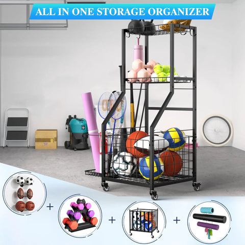 Mobile Garage Sports Gear Organizer With Wheels Three Tier Ball Rack For Basketballs Footballs And Mats Heavy Duty Storage Rack With Hooks Anti Slip Shelves Space Saving Indoor And Outdoor Gear Organizer For All Your Sports Equipment in a garage setting.